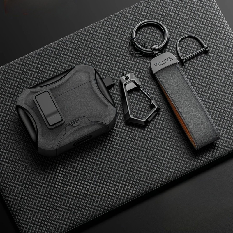 Чохол для AirPods Pro 2 з карабіном, клямкою та підставкою, чорний з матовим сірим