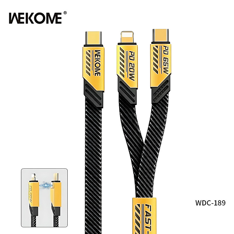 Зарядний кабель WEKOME WDC-189 2в1 - USB-C на iPhone+Type-C, PD20W+65W, цинковий сплав, 1.2м (yellow)