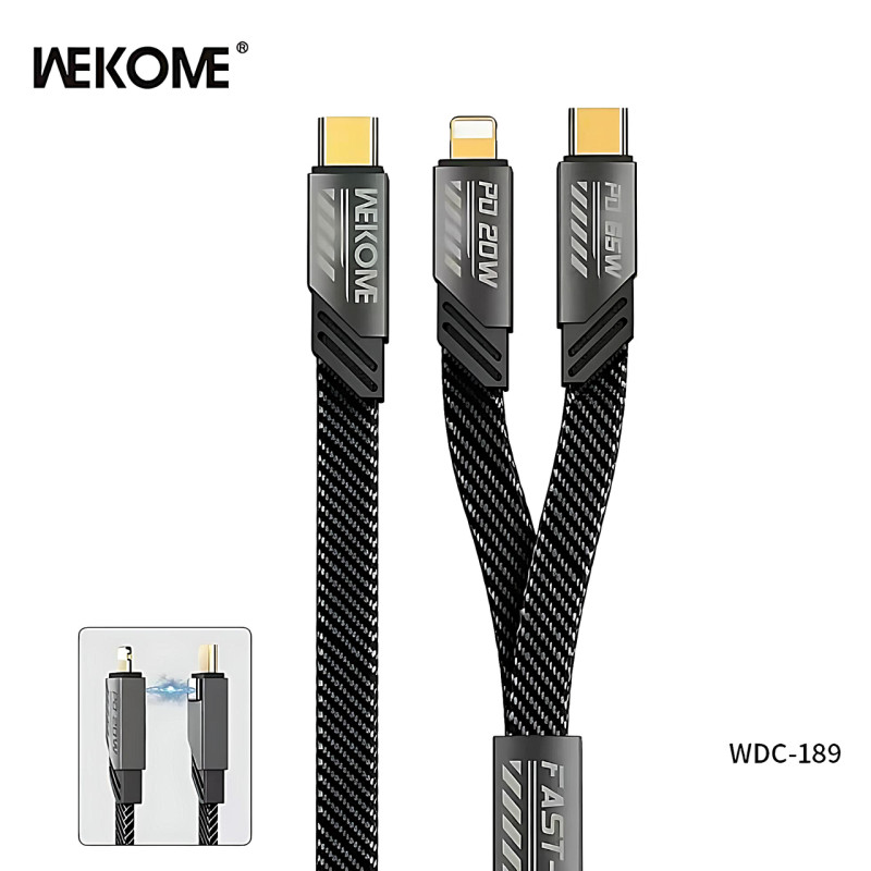 Зарядний кабель WEKOME WDC-189 2в1 - USB-C на iPhone+Type-C, PD20W+65W, цинковий сплав, 1.2м (grey)